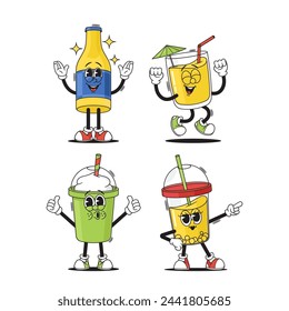 Coffee, Tea, Lemonade Or Cocktail Cartoon Groovy Cups And Bottle Characters. Unique, Vibrant Playful Vector Personages
