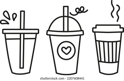 Coffee tea lemonade cup line icon vector illustration. Three cups simple silhouette. Minimalist black icon isolated on white background. Simple design vector element for print, coffee shops. 
