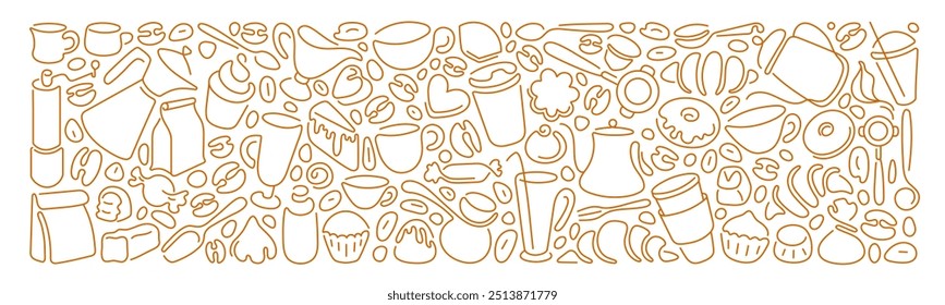 Coffee, tea line design. Breakfast time, croissant, raw bean, abstract silhouette of cups, glass for cafe shop, promotion, marketing, banner. Vector doodle sketch on white background