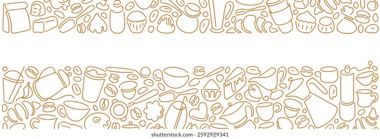 Coffee, tea line design. Breakfast time, croissant, raw bean, abstract silhouette of cups, glass for cafe shop, promotion, marketing, banner. Vector doodle sketch on transparent background