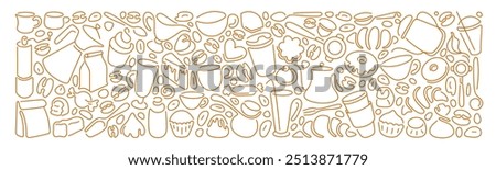 Coffee, tea line design. Breakfast time, croissant, raw bean, abstract silhouette of cups, glass for cafe shop, promotion, marketing, banner. Vector doodle sketch on white background