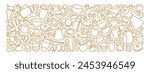 Coffee, tea line design. Hot cup, milk pitcher, aroma beans, kettle for breakfast, lunch, sweet dessert, chocolate candy, fresh croissant. Sketch banner, poster for menu,food shop, bakery and cafe