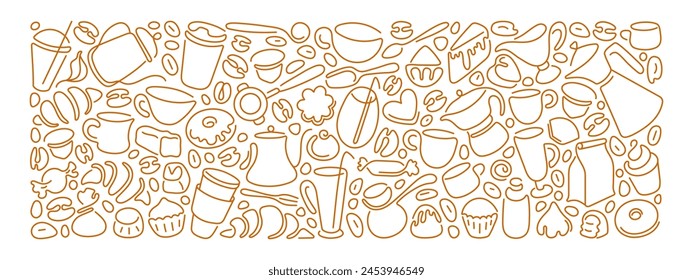 Coffee, tea line design. Hot cup, milk pitcher, aroma beans, kettle for breakfast, lunch, sweet dessert, chocolate candy, fresh croissant. Sketch banner, poster for menu,food shop, bakery and cafe