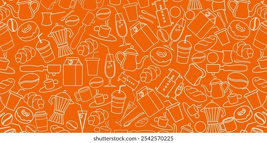 Coffee, tea line design. Hot cup, milk pitcher, aroma beans, kettle for breakfast, lunch, sweet dessert, chocolate candy, fresh croissant. Sketch banner, poster for menu,food shop, bakery and cafe