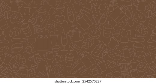 Coffee, tea line design. Hot cup, milk pitcher, aroma beans, kettle for breakfast, lunch, sweet dessert, chocolate candy, fresh croissant. Sketch banner, poster for menu,food shop, bakery and cafe