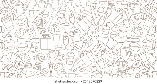 Coffee, tea line design. Hot cup, milk pitcher, aroma beans, kettle for breakfast, lunch, sweet dessert, chocolate candy, fresh croissant. Sketch banner, poster for menu,food shop, bakery and cafe