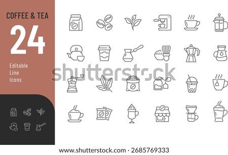 Coffee and Tea Line Editable Icons set. Vector illustration in modern thin line style of drinks related icons. Isolated on background