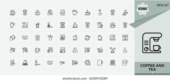 Coffee And Tea line icon set. Minimalist editable vector stroke. Contains outline symbols like breakfast, bean, tea, drink, leaf, cafes. Pixel perfect. Editable stroke. Cafes line icon set.