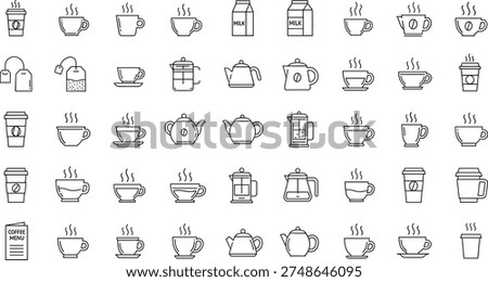Coffee and Tea Line Icon Set, Vector Cafe Beverage Symbols, Hot Drink Mug, Teapot, French Press, Milk Carton and Menu Icons