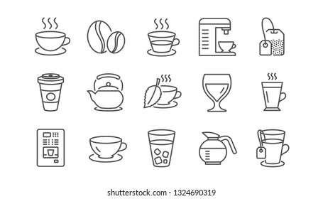 Coffee and Tea line icons. Cappuccino, Teapot and Coffeepot. Coffee beans linear icon set.  Vector