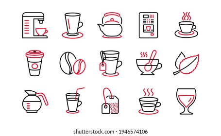 Coffee and Tea line icons. Cappuccino, Teapot and Coffeepot. Coffee beans linear icon set. Linear set. Quality line set. Vector