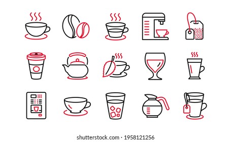 Coffee and Tea line icons. Cappuccino, Teapot and Coffeepot. Coffee beans linear icon set. Linear set. Quality line set. Vector
