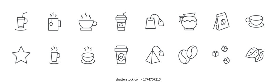 Coffee Tea Line Icons. Icon Cup Tea, Coffee beans Green Tea. Editable Stroke