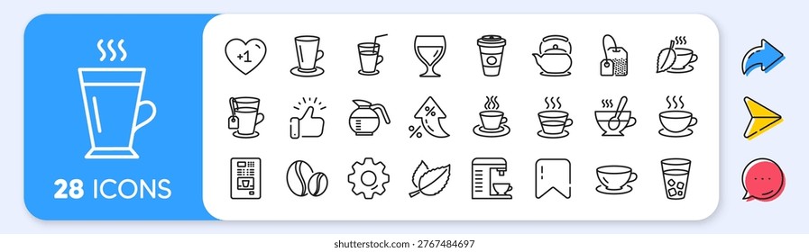 Coffee and Tea line icons. Interest rate, AI generate, Inflation icons. Set of Cappuccino, Juice with ice and Latte coffee cup icons. Teapot, Coffeepot and Hot drink with Steam. Vector