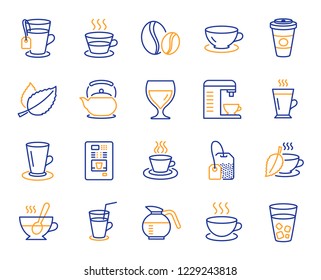 Coffee and Tea line icons. Set of Cappuccino, Juice with ice and Latte coffee cup icons. Teapot, Coffeepot and Hot drink with Steam. Mint leaf tea, Herbal beverage and Vending. Hot latte cup. Vector