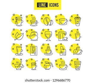 Coffee and Tea line icons. Set of Cappuccino, Juice with ice and Latte signs. Teapot, Coffeepot and Hot drink with Steam. Mint leaf, Herbal beverage and Vending symbols. Quality futuro design icons