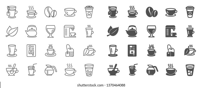 Coffee and Tea line icons. Set of Cappuccino, Juice with ice and Latte coffee cup icons. Teapot, Coffeepot and Hot drink with Steam. Mint leaf tea, Herbal beverage and Vending. Hot latte cup. Vector