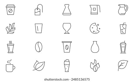 Coffee and tea line icons set. Coffee shop, beans, hot coffee, espresso cup, cappuccino, maker machine outline icon collection. UI thin outline icons pack.