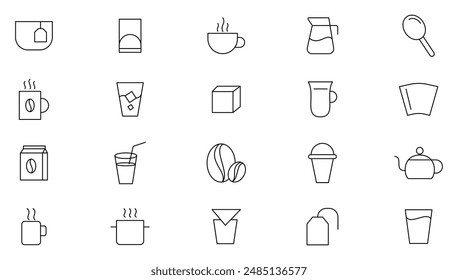 Coffee and tea line icons set. Coffee shop, beans, hot coffee, espresso cup, cappuccino, maker machine outline icon collection. UI thin outline icons pack.