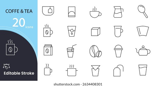 Coffee and tea line icons set. Coffee shop, beans, hot coffee, espresso cup and maker machine related  outline icon collection. Editable Stroke.