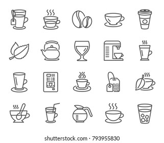 Coffee and Tea line icons. Set of Cappuccino, Juice with ice and Latte signs. Teapot, Coffeepot and Hot drink with Steam. Mint leaf, Herbal beverage and Vending symbols. Quality design elements