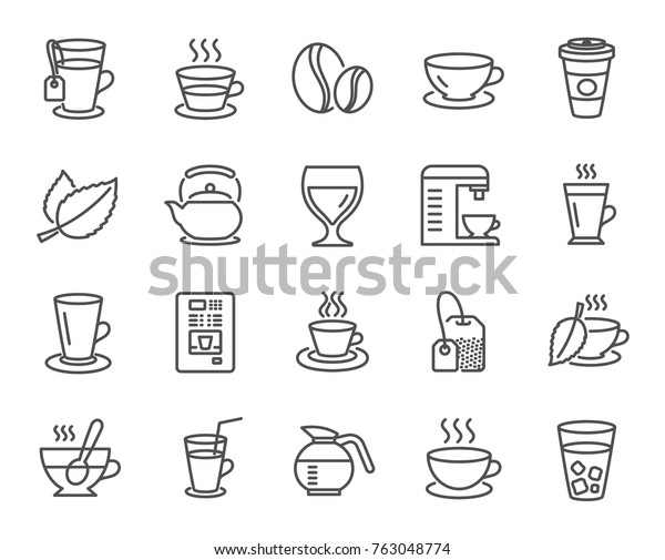 コーヒーと茶のラインのアイコン カプチーノのセット 氷とラテの記号とジュース 湯気入りのティーポット コーヒーポット 熱い飲み物 ミントリーフ ハーブ飲料 自動販売シンボル ベクター画像 のベクター画像 素材 ロイヤリティフリー
