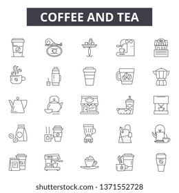 Coffee and tea line icons, signs set, vector. Coffee and tea outline concept, illustration: coffee,drink,tea,cup,mug,cappuccino,cafe,symbol