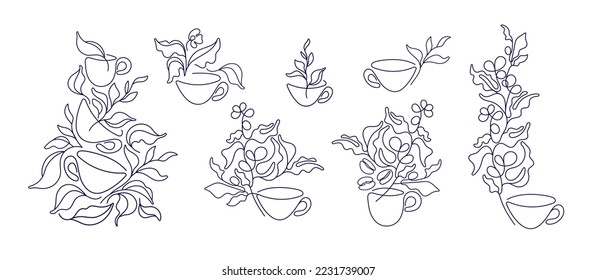 Coffee, tea line set. Vector abstract bean, leaf and cup pattern. Graphic symbol isolated on white background. Sketch collection for cafe design