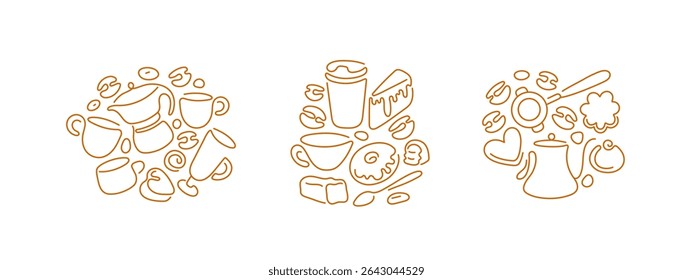 Café, símbolo de linha de chá. Xícara quente, feijão aroma, sobremesa doce, chocolate doce, chaleira para o café da manhã, almoço. Emblema de círculo simples de vetor. Adesivo de esboço, cartaz para cardápio, loja de alimentos, padaria e café