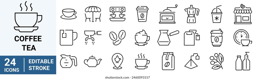 coffee and tea line web icons. iced, maker machine, beans, Espresso cup. Collection of Outline Icons. Vector illustration.