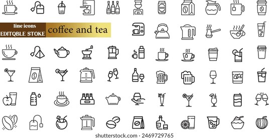 coffee and tea line web icons. iced, maker machine, beans, Espresso cup