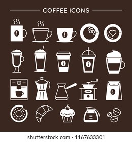 Coffee and tea linear icons set. Coffee shop equipment, cups and bakery symbols. Cafe and restaurant corporate identity design elements. Coffee house outline web pictograms. Hot drinks vector signs