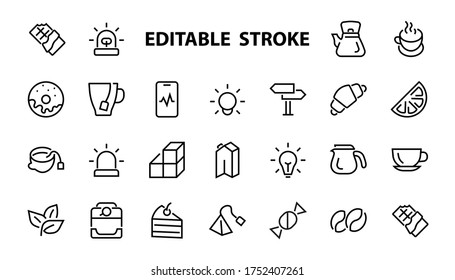 COFFEE and TEA LINEAR ICONS SET, contains Icons of tea, tea bag, Coffee machine, cake, sugar, teapot, cup, milk, cream, Lemon, chocolate bar, Editable stroke.