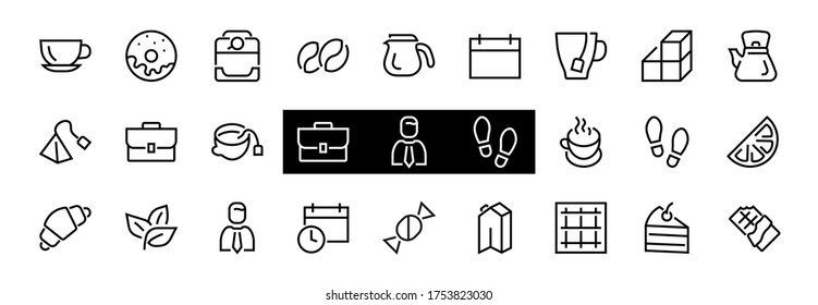 COFFEE and TEA LINEAR ICONS SET, contains Icons of tea, tea bag, Coffee machine, cake, sugar, teapot, cup, milk, cream, Lemon, chocolate bar, Editable stroke.