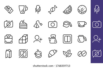 COFFEE and TEA LINEAR ICONS SET, contains Icons of tea, tea bag, Coffee machine, cake, sugar, teapot, cup, milk, cream, Lemon, chocolate bar, Editable stroke.