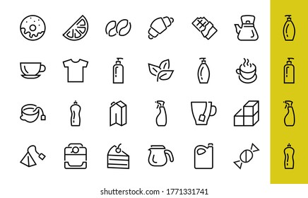 COFFEE and TEA LINEAR ICONS SET, contains Icons of tea, tea bag, Coffee machine, cake, sugar, teapot, cup, milk, cream, Lemon, chocolate bar, Editable stroke.