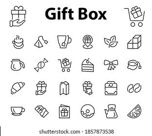 COFFEE y TÉ LINEAR ICONS SET, contiene Iconos de té, bolso de té, máquina de café, pastel, azúcar, tetera, taza, leche, crema, limón, barra de chocolate, LINEAR ICONS Acto editable