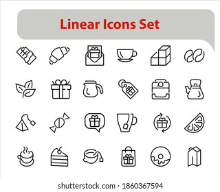 COFFEE and TEA LINEAR ICONS SET, contains Icons of tea, tea bag, Coffee machine, cake, sugar, teapot, cup, milk, cream, Lemon, chocolate bar, LINEAR ICONS Editable stroke