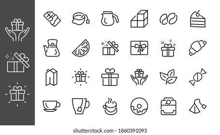 COFFEE and TEA LINEAR ICONS SET, contains Icons of tea, tea bag, Coffee machine, cake, sugar, teapot, cup, milk, cream, Lemon, chocolate bar, LINEAR ICONS Editable stroke