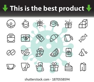 COFFEE and TEA LINEAR ICONS SET, contains Icons of tea, tea bag, Coffee machine, cake, sugar, teapot, cup, milk, cream, Lemon, chocolate bar, LINEAR ICONS Editable stroke