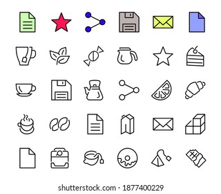 COFFEE y TÉ LINEAR ICONS SET, contiene Iconos de té, bolso de té, máquina de café, pastel, azúcar, tetera, taza, leche, crema, limón, barra de chocolate, LINEAR ICONS Acto editable