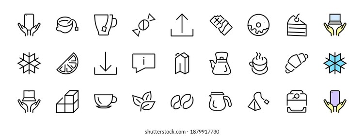 COFFEE and TEA LINEAR ICONS SET, contains Icons of tea, tea bag, Coffee machine, cake, sugar, teapot, cup, milk, cream, Lemon, chocolate bar, LINEAR ICONS Editable stroke