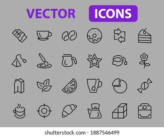 COFFEE and TEA LINEAR ICONS SET, contains Icons of tea, tea bag, Coffee machine, cake, sugar, teapot, cup, milk, cream, Lemon, chocolate bar, LINEAR ICONS Editable stroke