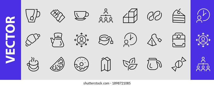 KAFFEE und TEA LINEAR ICONS SET, enthält Symbole für Tee, Teebeutel, Kaffeemaschine, Kuchen, Zucker, Teekanne, Tasse, Milch, Rahm, Zitronen, Schokoladenbar, LINEAR ICONS Editable Hub