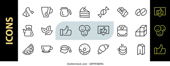 COFFEE And TEA LINEAR ICONS SET, Contains Icons Of Tea, Tea Bag, Coffee Machine, Cake, Sugar, Teapot, Cup, Milk, Cream, Lemon, Chocolate Bar, LINEAR ICONS Editable Stroke