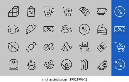 COFFEE and TEA LINEAR ICONS SET, contains Icons of tea, tea bag, Coffee machine, cake, sugar, teapot, cup, milk, cream, Lemon, chocolate bar, LINEAR ICONS Editable stroke