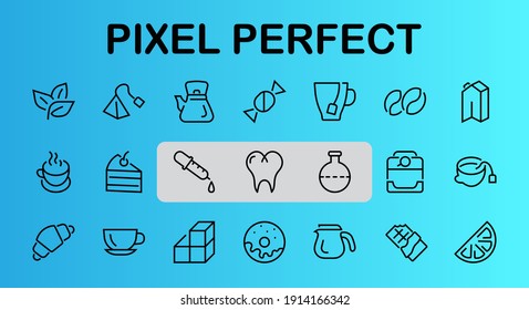 COFFEE and TEA LINEAR ICONS SET, contains Icons of tea, tea bag, Coffee machine, cake, sugar, teapot, cup, milk, cream, Lemon, chocolate bar, LINEAR ICONS Editable stroke