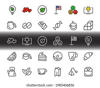 COFFEE and TEA LINEAR ICONS SET, contains Icons of tea, tea bag, Coffee machine, cake, sugar, teapot, cup, milk, cream, Lemon, chocolate bar, LINEAR ICONS Editable stroke