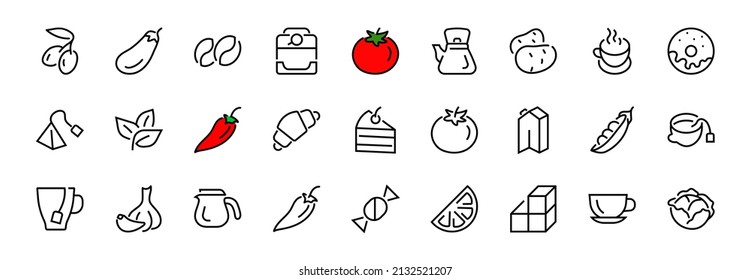 COFFEE and TEA LINEAR ICONS SET, contains Icons of tea, tea bag, Coffee machine, cake, sugar, teapot, cup, milk, cream, Lemon, chocolate bar, LINEAR ICONS Editable stroke