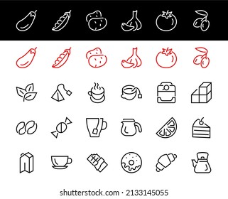 COFFEE and TEA LINEAR ICONS SET, contains Icons of tea, tea bag, Coffee machine, cake, sugar, teapot, cup, milk, cream, Lemon, chocolate bar, LINEAR ICONS Editable stroke